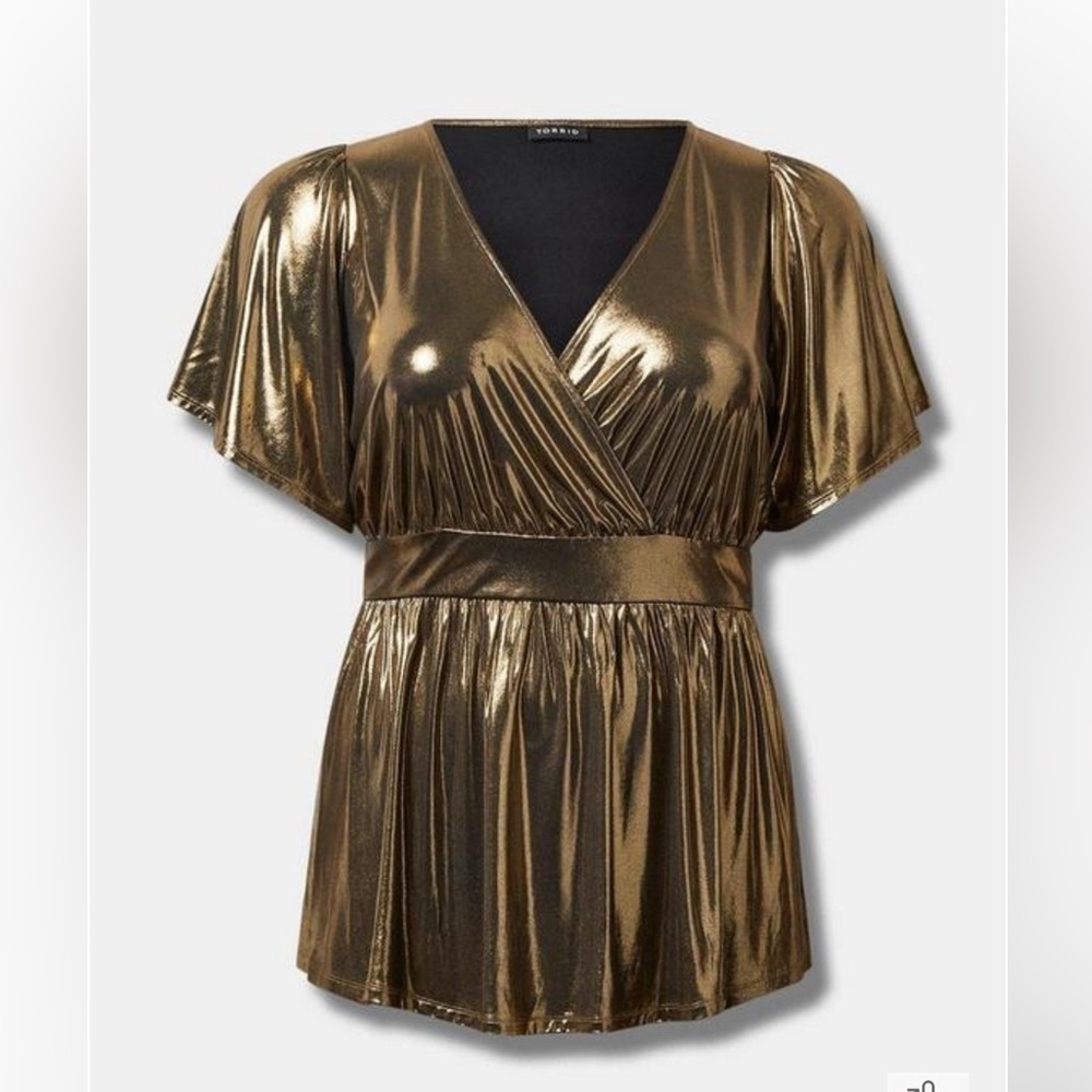 Torrid Shine Surplice Peplum Top babydoll blouse Gold sizes 0X, 3X, and 4X